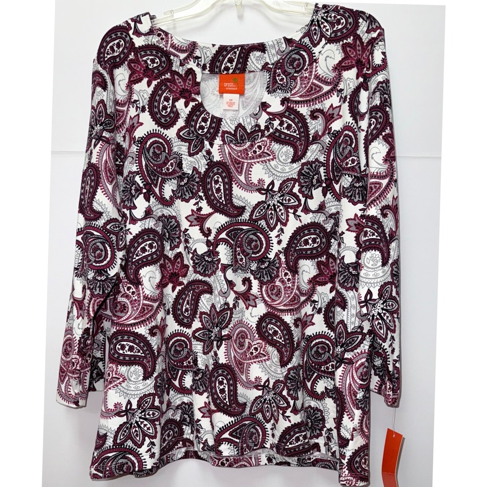 Hearts of Palm Woman Cotton 2X Berry In Love Paisley Long Sleeve Tunic Boho Work
